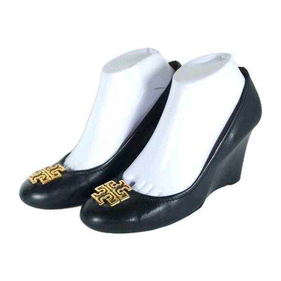 Tory Burch Women’s Melinda US 8M Black Leather Logo Slip On Wedge Pumps Shoes - Picture 1 of 16
